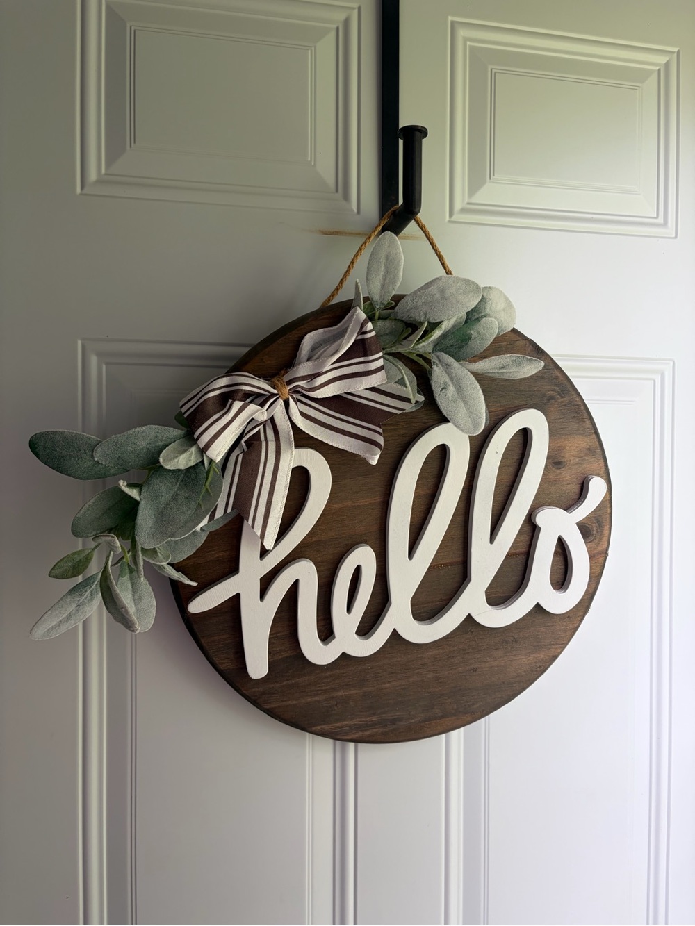 Hello Round Wooden Door Hanger with Greenery and Stripe Bow